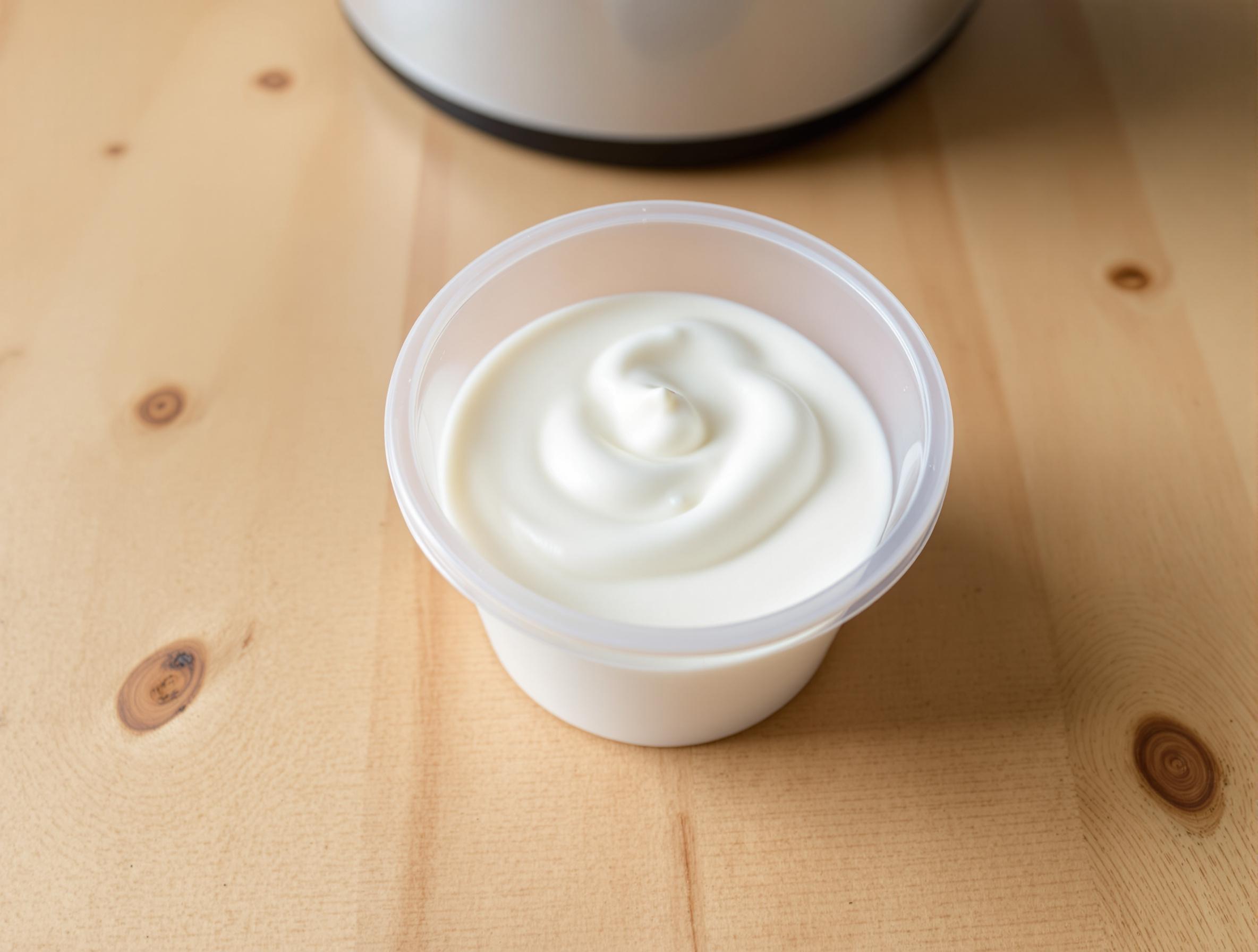 Photo d'un pot de yogourt sur un plan de travail en bois